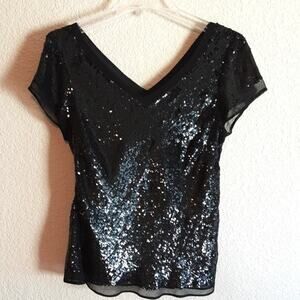 Adrianna Papell 100% SILK  Black Beaded & Sequin V-Neck Flutter Sleeve Blouse L